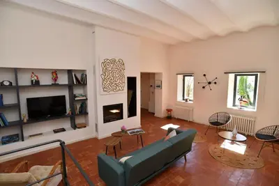 a living room with a couch and a tv at L'Atelier Appartement au cœur du vignoble in Rognes