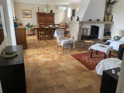 a living room with a fireplace and a dining room at VILLA MIREILLE CALME ARBOREE PISCINE SANS VIS A VIS SECURISEE in Morières-lès-Avignon