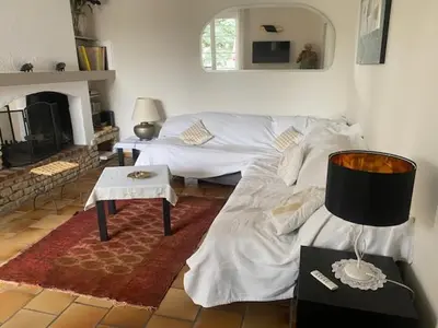 a living room with a white couch and a fireplace at VILLA MIREILLE CALME ARBOREE PISCINE SANS VIS A VIS SECURISEE in Morières-lès-Avignon