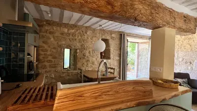a kitchen with a sink and a stone wall at Mas Saint-Genies in Venasque