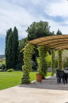 a wooden pavilion with a table and chairs under it at Maison style mas « le rougadou » in Noves