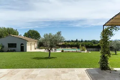 a house with a green yard with a tree at Maison style mas « le rougadou » in Noves