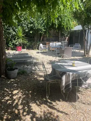 a picnic table and chairs in the shade of a tree at Appartement avec jardin en ville in LʼIsle-sur-la-Sorgue