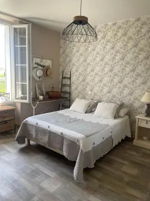 a bedroom with a large bed with a wall at Appartement avec jardin en ville in LʼIsle-sur-la-Sorgue