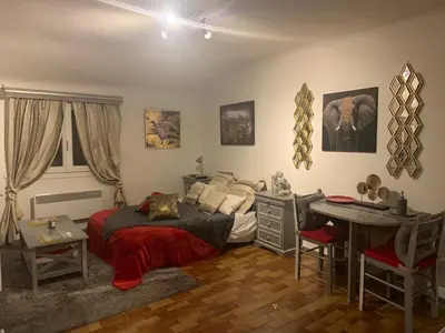 a bedroom with a bed and a desk and a deskablish at Studio de Luxe Aix en Provence in Aix-en-Provence