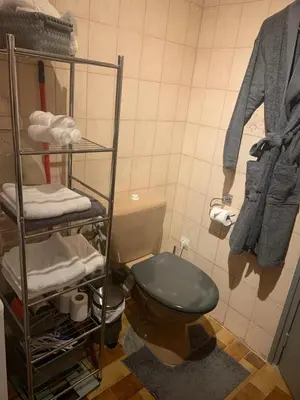 a bathroom with a toilet and a shelf with towels at Studio de Luxe Aix en Provence in Aix-en-Provence