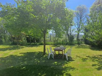 a table and chairs under a tree in a field at Magnifique Villa avec piscine in Cadenet