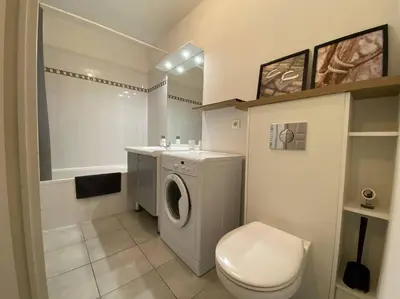 a bathroom with a washing machine and a toilet at Charmant appartement ensoleillé-Terrasse - PARKING Gratuit - Isle sur la Sorgue in LʼIsle-sur-la-Sorgue