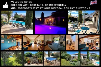 a collage of different pictures of a house at La Villa des Lavandes - A 300m du Centre, au calme, et au vert ! in LʼIsle-sur-la-Sorgue