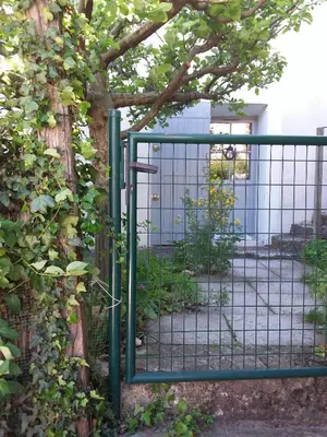 a green gate in front of a tree at Chambre d'hôtes chez Gwennaelle in Bédoin