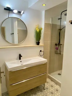 a bathroom with a sink and a mirror and a shower at Magnifique T3 rénové, 15min à pied CV, pkg privé in Aix-en-Provence
