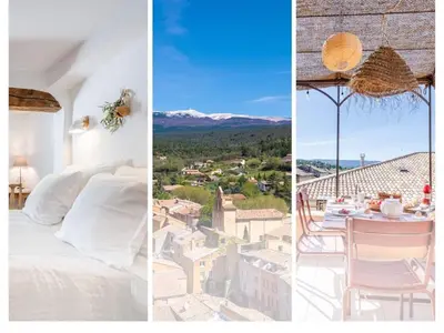 a collage of photos with a bed and a view of a city at Chez Prunelle in Flassan