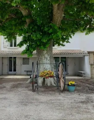 a wheel in front of a tree in front of a house at Mas provençal in Sénas