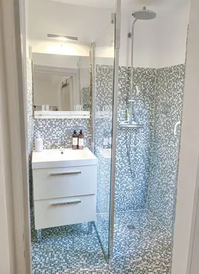 a bathroom with a shower with a sink and a toilet at Spacieux T3 * centre ville * sans vis à vis in Aix-en-Provence