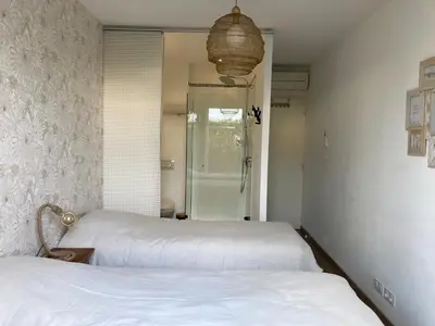 a bedroom with two beds and a walk in shower at Villa climatisée avec piscine à St Remy in Saint-Rémy-de-Provence
