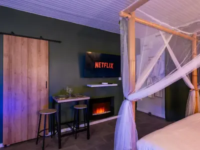 a bedroom with a bed and a fireplace at Sault Tropical - Idéal couple - Balnéo Led - Vue parc & montagne - Wifi - Stationnement gratuit - 5min à pied des bars, restaurants & commerces in Sault-de-Vaucluse