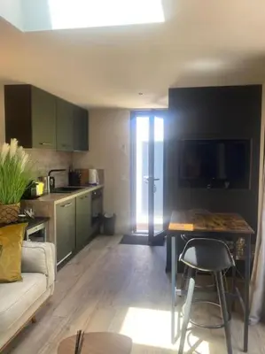 a kitchen with a couch and a table in a room at A lombre du magnolia in LʼIsle-sur-la-Sorgue