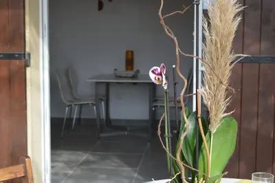 a vase with a flower sitting on a table at Le mas de la joëlette in Vedène