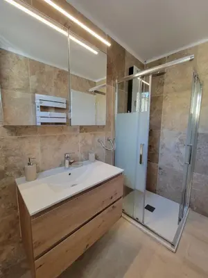 a bathroom with a sink and a shower at Gîte élégant au calme in Mazan