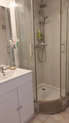 a bathroom with a shower and a white sink at studio 66 in Caumont-sur-Durance