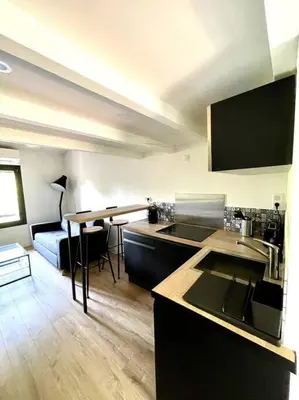 a kitchen and living room with a table and a couch at Ravissant appartement à 5min du centre ville d'Aix in Aix-en-Provence