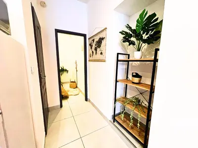 a hallway with a mirror and a plant on a shelf at Carré Rouge*Gare Sncf*Fibre Wifi in Miramas