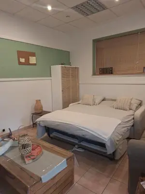 a bedroom with a bed and a couch in it at Appartement Velleron-4 personnes in Velleron