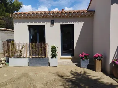 a house with three potted plants in front of it at Studio de charme en Provence in Caromb