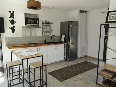 a kitchen with white cabinets and a stainless steel refrigerator at Studio de charme en Provence in Caromb