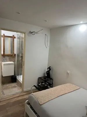 a bedroom with a bed and a bathroom with a shower at Chambre Mignet in Aix-en-Provence