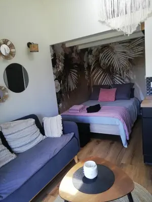 a living room with two beds and a table at Petit cocon avec terrasse in LʼIsle-sur-la-Sorgue