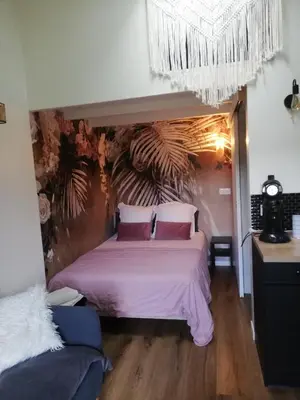 a bedroom with a large bed with purple sheets at Petit cocon avec terrasse in LʼIsle-sur-la-Sorgue