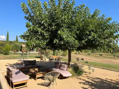 a group of chairs and tables under a tree at Contemporary house 5mn away from Aix in the countryside in Aix-en-Provence