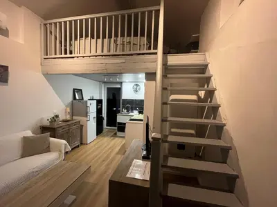 a small apartment with a loft bed and a living room at adorable guest house avec jardin et parking privatif in Aix-en-Provence