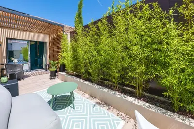 a patio with a table and a green plant at LOVE IN L'ISLE/SORGUE Le crépuscule in LʼIsle-sur-la-Sorgue