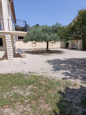 a yard with a tree and a house at A l'ombre de l'olivier in Orgon