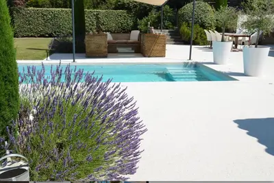 a garden with a swimming pool with a lavender plant at maison bertuli Oliviers Aircon, heated saltwater Pool, 2 Bedrooms in Oppède