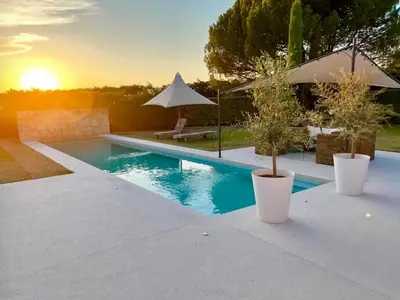 a swimming pool with two potted plants and an umbrella at maison bertuli Oliviers Aircon, heated saltwater Pool, 2 Bedrooms in Oppède