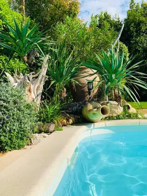 a swimming pool in a garden with trees and plants at villa entre st rémy de provence et avignon in Noves