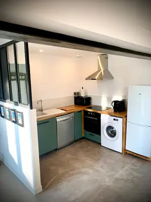 a kitchen with a stove and a washer and dryer at Viva la vida in Entraigues-sur-la-Sorgue