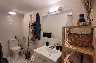 a bathroom with a sink and a toilet and a mirror at Appartement duplex sur les toits d'Aix avec terrasse ensoleillée in Aix-en-Provence