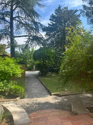 a brick walkway in a yard with trees at Le Verger in Aix-en-Provence