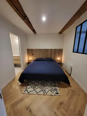 a bedroom with a bed with a blue bedspread and a rug at Appartement des Augustins in Aix-en-Provence