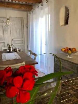a table with a red flower in a room at L’île aux fleurs in Ventabren