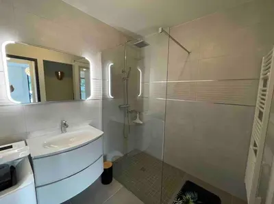 a bathroom with a sink and a glass shower at Logement Le Puy Sainte Réparade in Le Puy-Sainte-Réparade