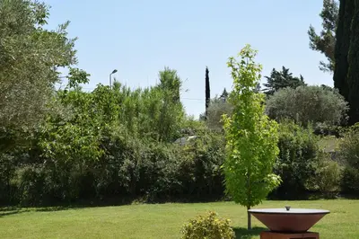 a park with a bird bath in the grass at Ici et Là - Chambres d'hôtes in Velleron