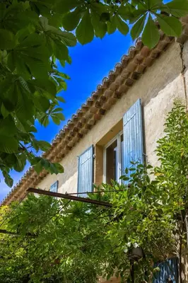 a window of a house with blue shutters at Mas provençal 14 personnes - parking privé in Le Thor