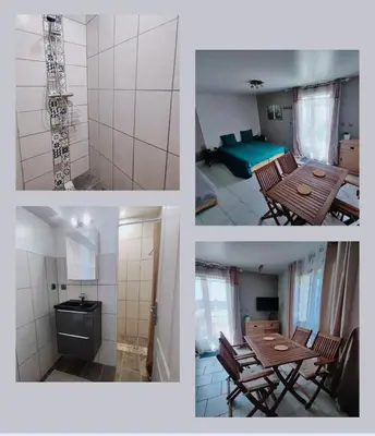 a collage of four pictures of a kitchen and a room at STUDIO DU CHARME PROVENCAL in Sénas