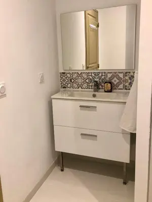 a bathroom with a white sink and a mirror at Logement neuf et climatisé, au coeur du village in Saint-Didier