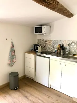 a kitchen with white cabinets and a microwave at Logement neuf et climatisé, au coeur du village in Saint-Didier